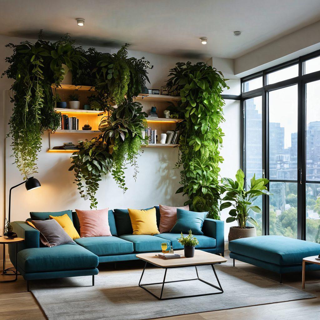 A modern, stylish apartment interior featuring innovative décor ideas such as a wall of living plants, smart lighting, and multifunctional furniture. Include a cozy reading nook with large windows, showcasing natural light, and smart technology on display, like a digital assistant. The ambiance should feel inviting and vibrant, highlighting a blend of comfort and technology. super-realistic. vibrant colors. natural light.