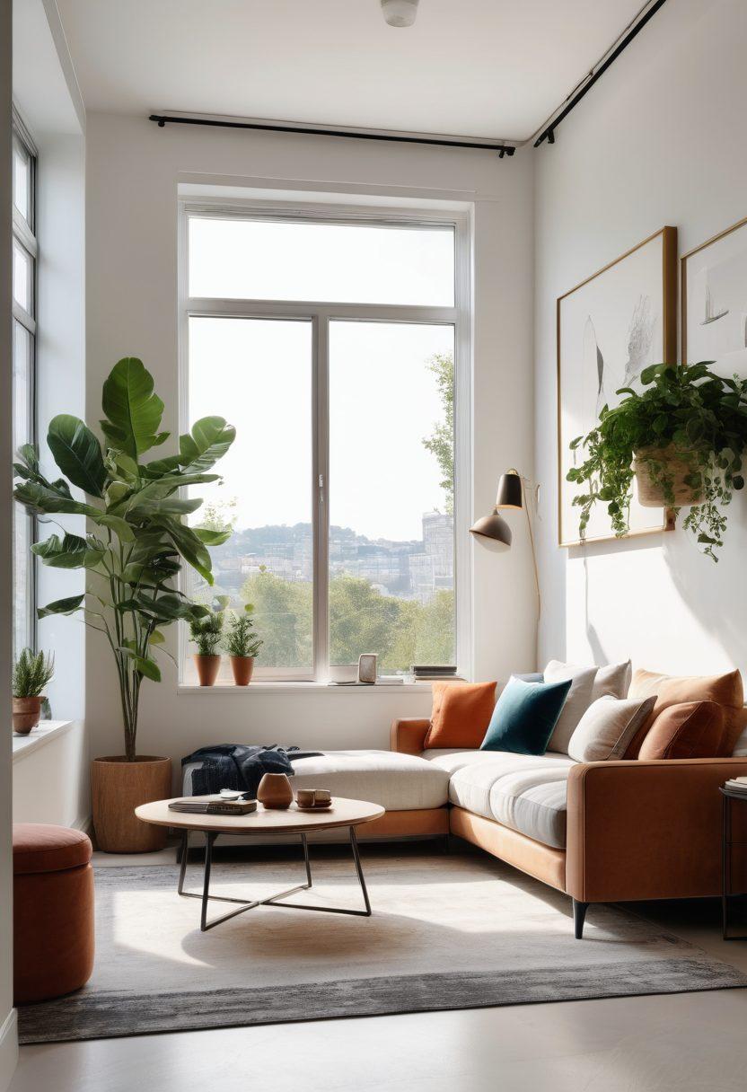 A stylish, contemporary apartment interior featuring open space with modern furniture, large windows allowing natural light, and plants for a fresh vibe. Include elements like a cozy reading nook, a sleek kitchen with high-end appliances, and trendy decor items like artwork and throw pillows. The atmosphere should feel welcoming and luxurious, showcasing the essence of modern living. super-realistic. vibrant colors. white background.